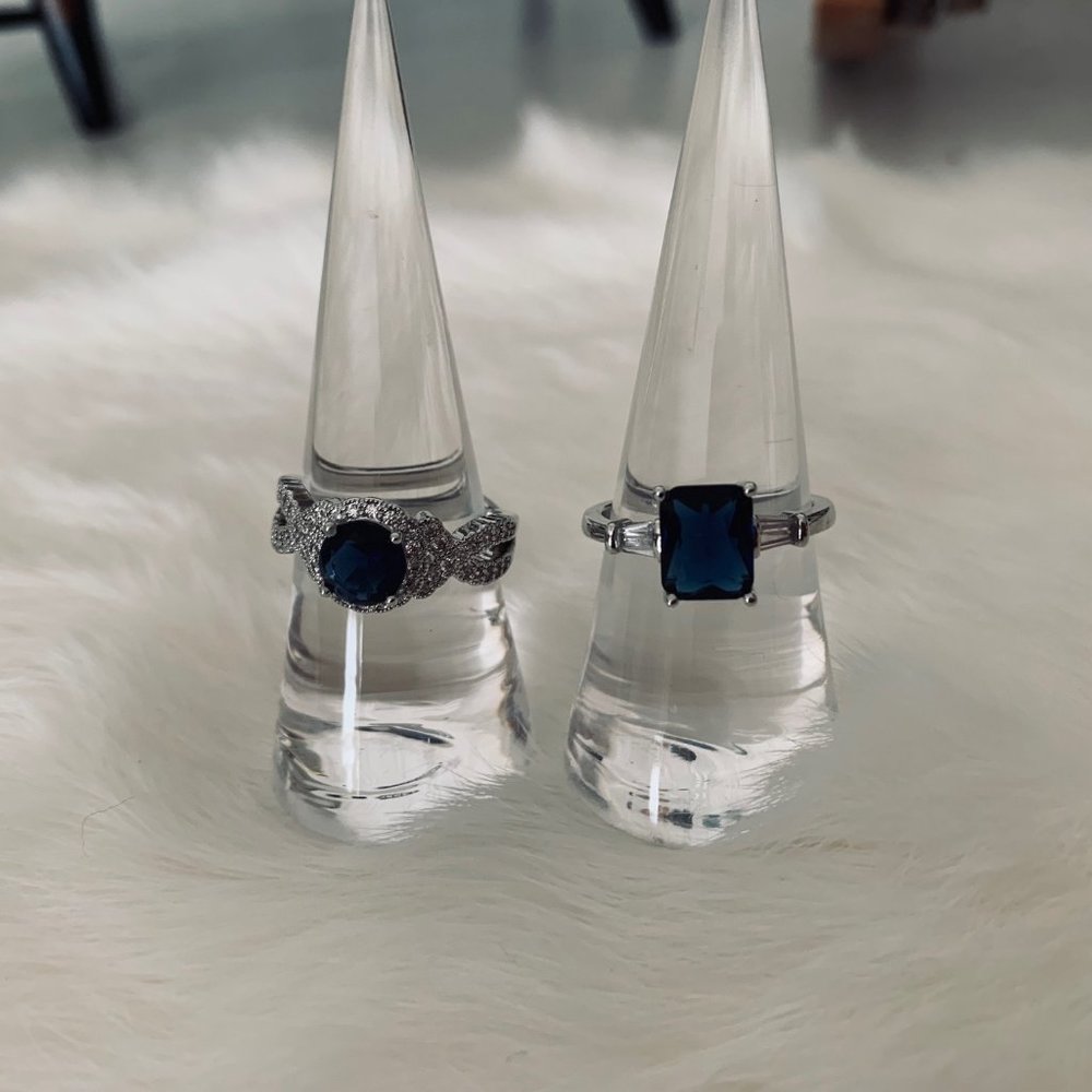 Two Silver Tone Fashion Rings with Blue and Clear Stone - Rectangle and Round